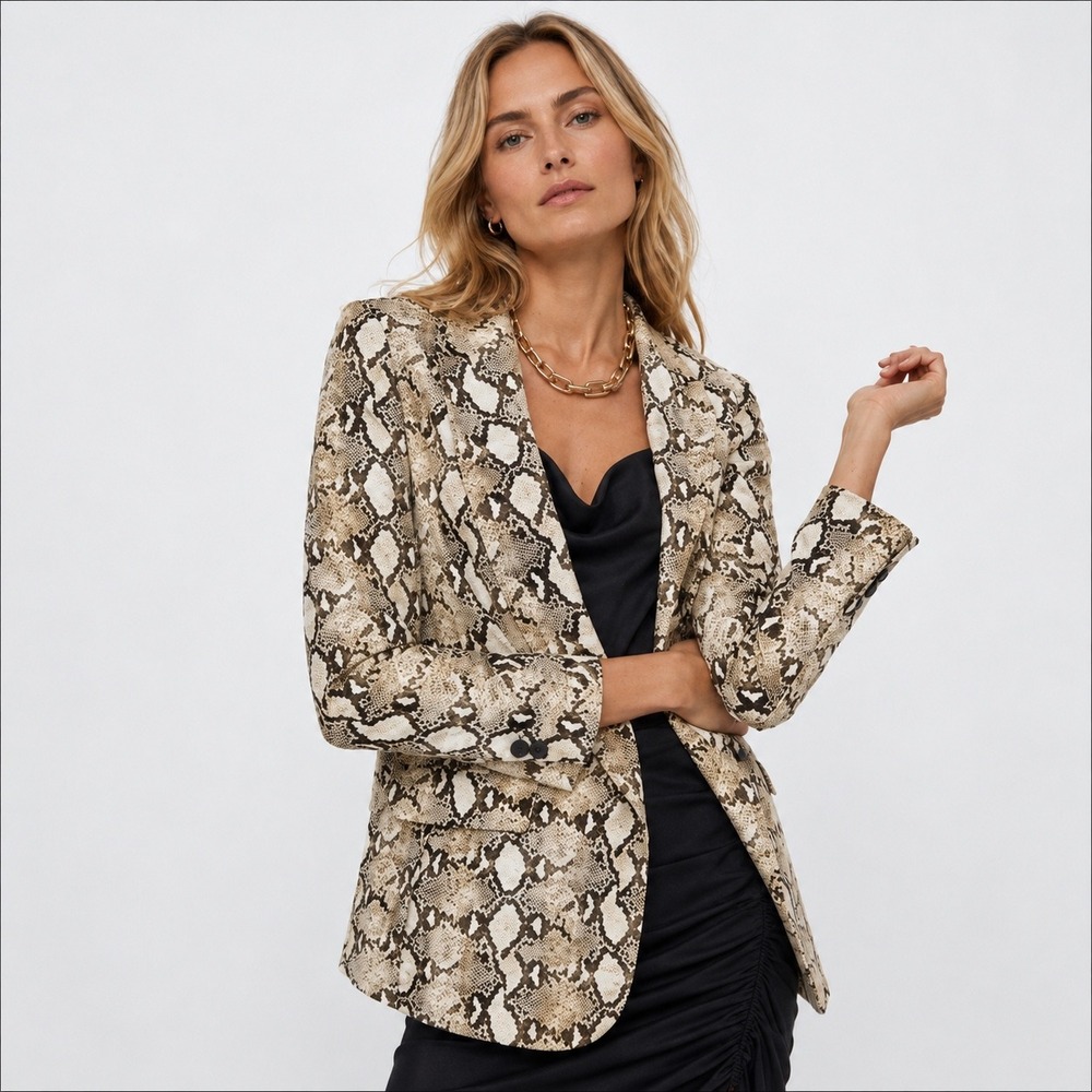 Zara Basic Snakeskin Print Blazer Jacket Womens XS Tan Brown Animal Python‎
